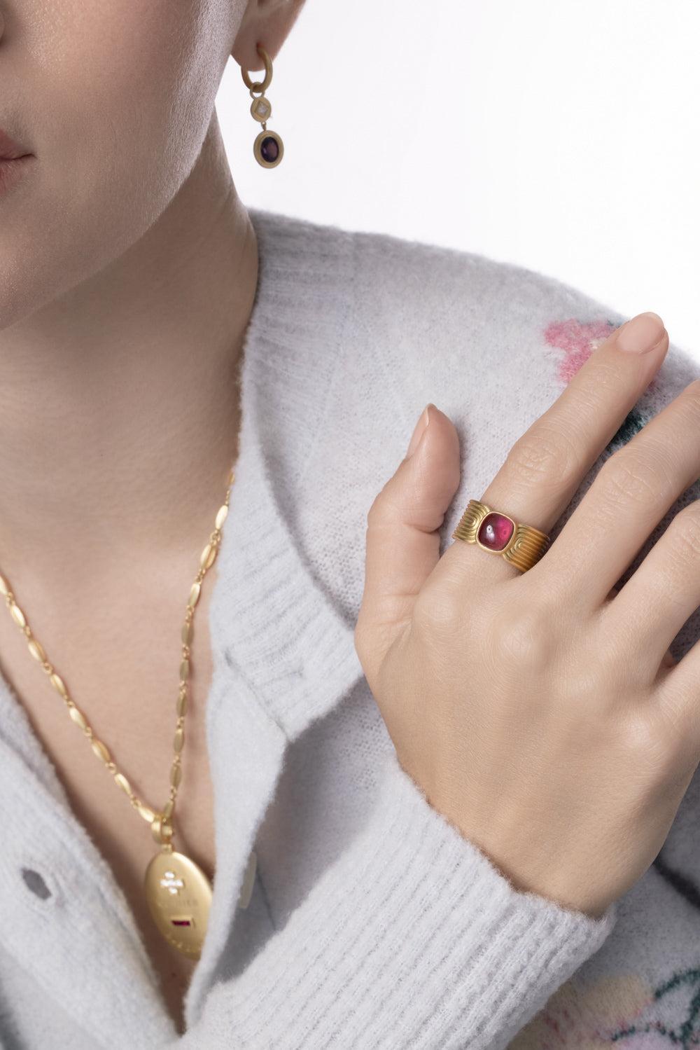 Pink Tourmaline Cabochon Ridge Band Ring-YELLOW GOLD-7.5-JEWELRYFINE JEWELRING-LEIGH MAXWELL