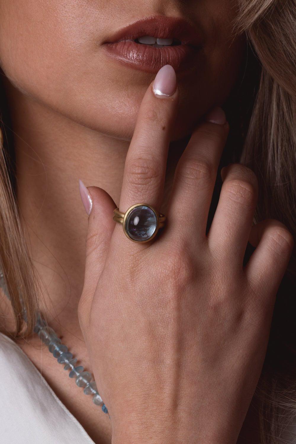 LEIGH MAXWELL-Puffed Aquamarine Cabochon Ring-YELLOW GOLD