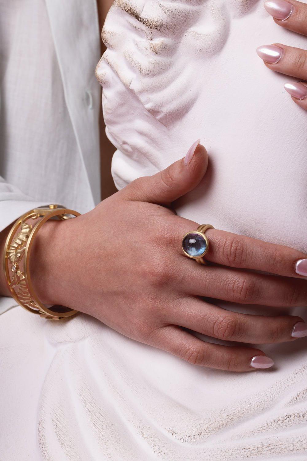 LEIGH MAXWELL-Puffed Aquamarine Cabochon Ring-YELLOW GOLD