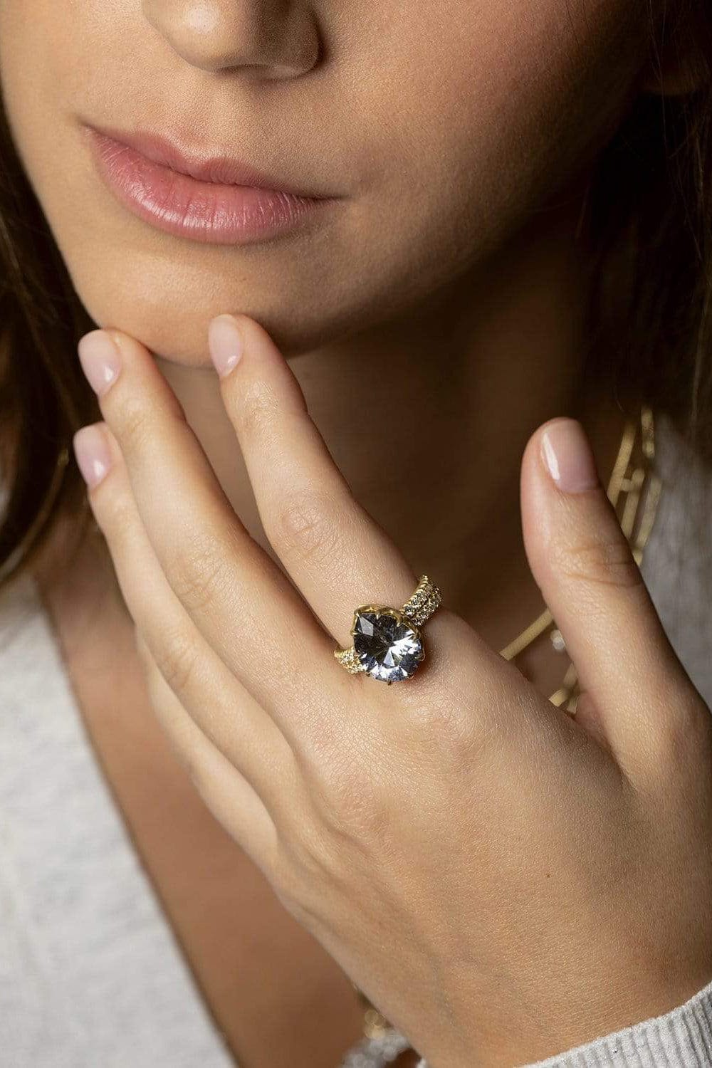 LEIGH MAXWELL-Blue Beryl and Diamond Ring-YELLOW GOLD