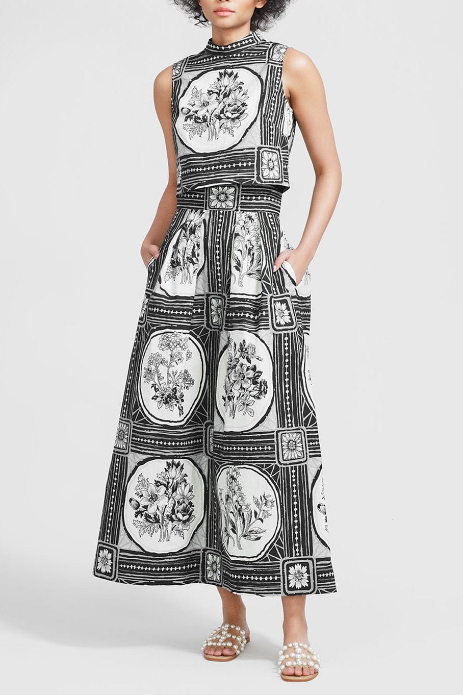 LELA ROSE-Medallion Floral Printed Poplin Skirt-