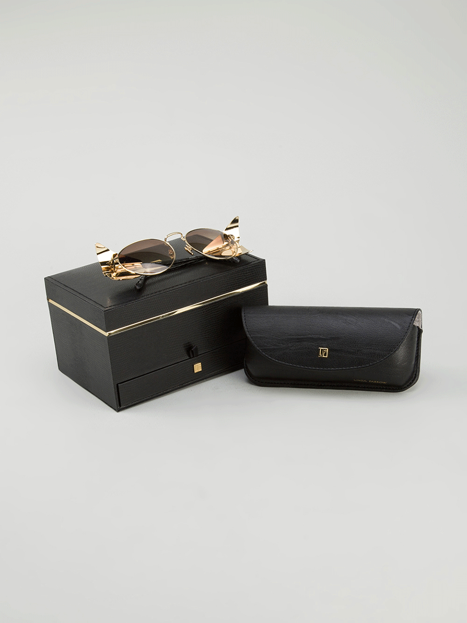 LINDA FARROW-Gold Snakeskin Sunglasses-BLACK