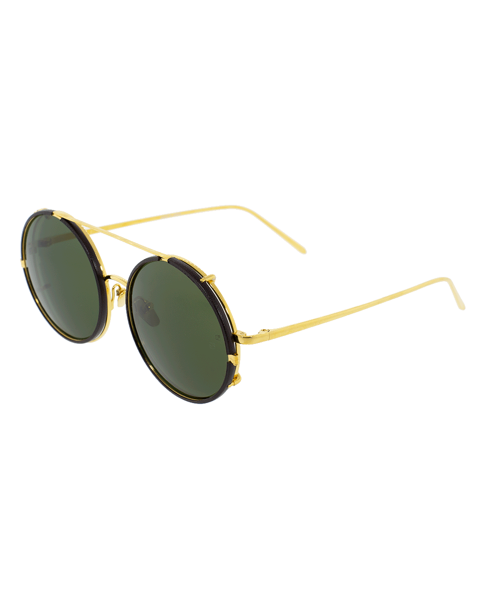 LINDA FARROW-Round Brown Leather Sunglasses-YLLWGLD