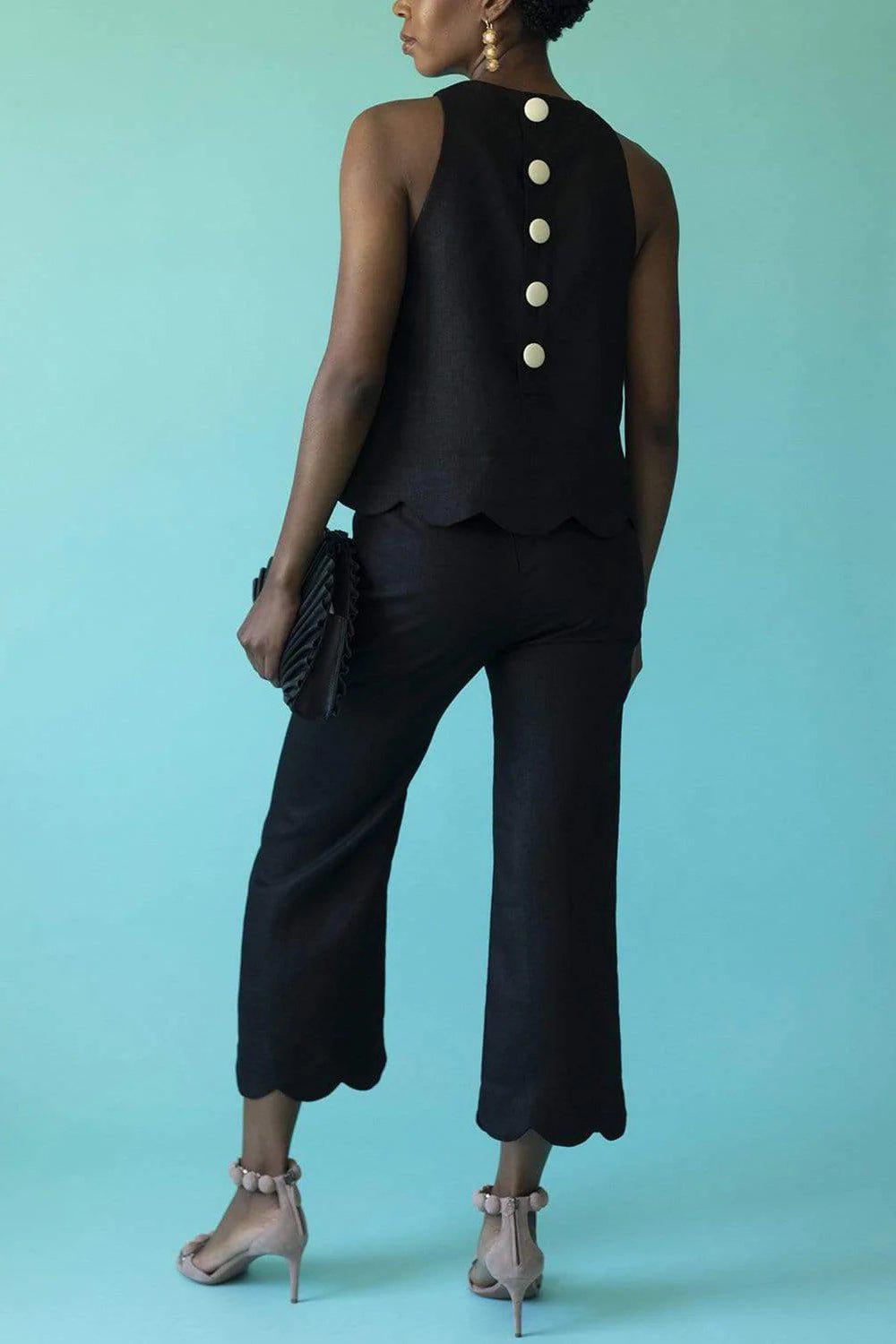 LISA MARIE FERNANDEZ-Scallop Black Linen Pant-