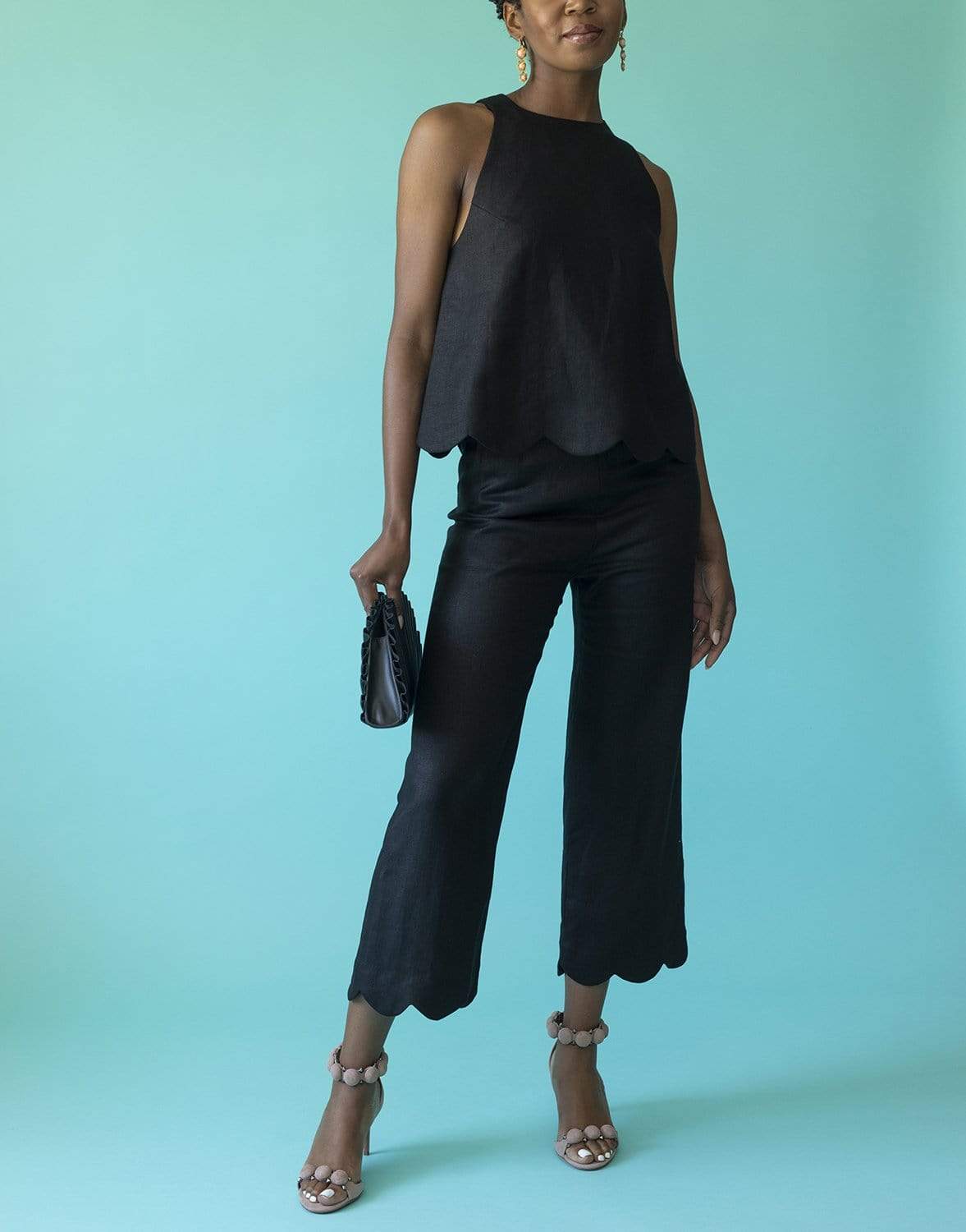 LISA MARIE FERNANDEZ-Scallop Black Linen Trapeze Top-