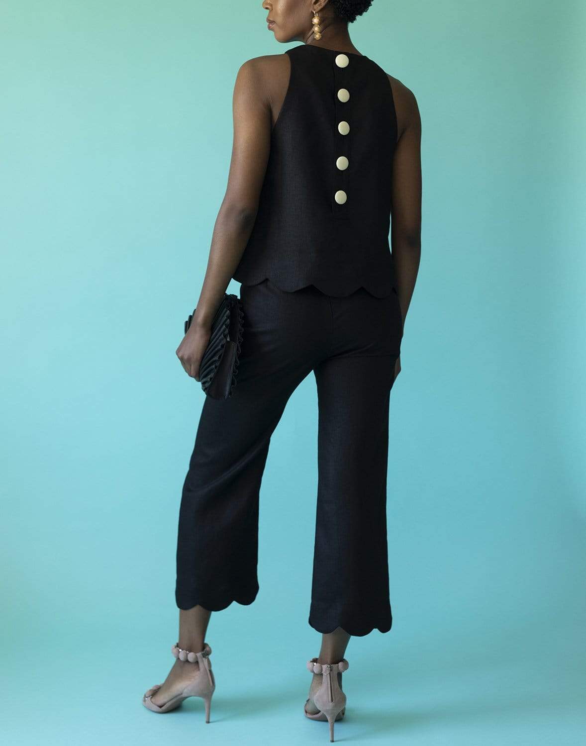 LISA MARIE FERNANDEZ-Scallop Black Linen Trapeze Top-