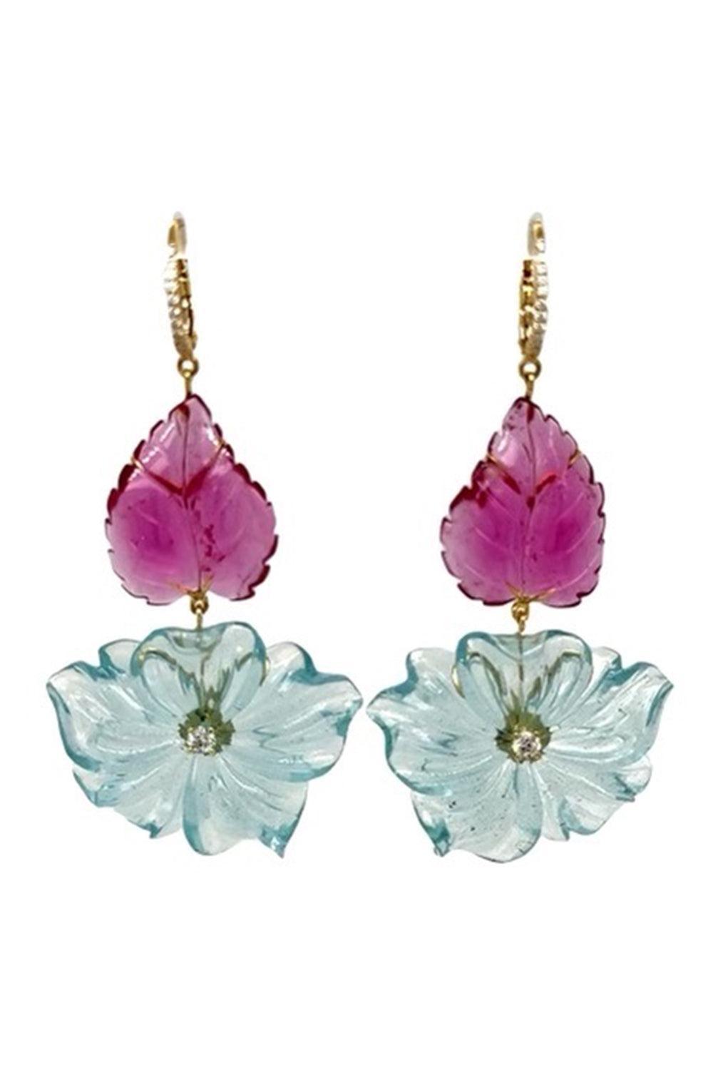 Aquamarine Rubellite Flower Earrings-YELLOW GOLD-JEWELRYFINE JEWELEARRING-LISA NIK