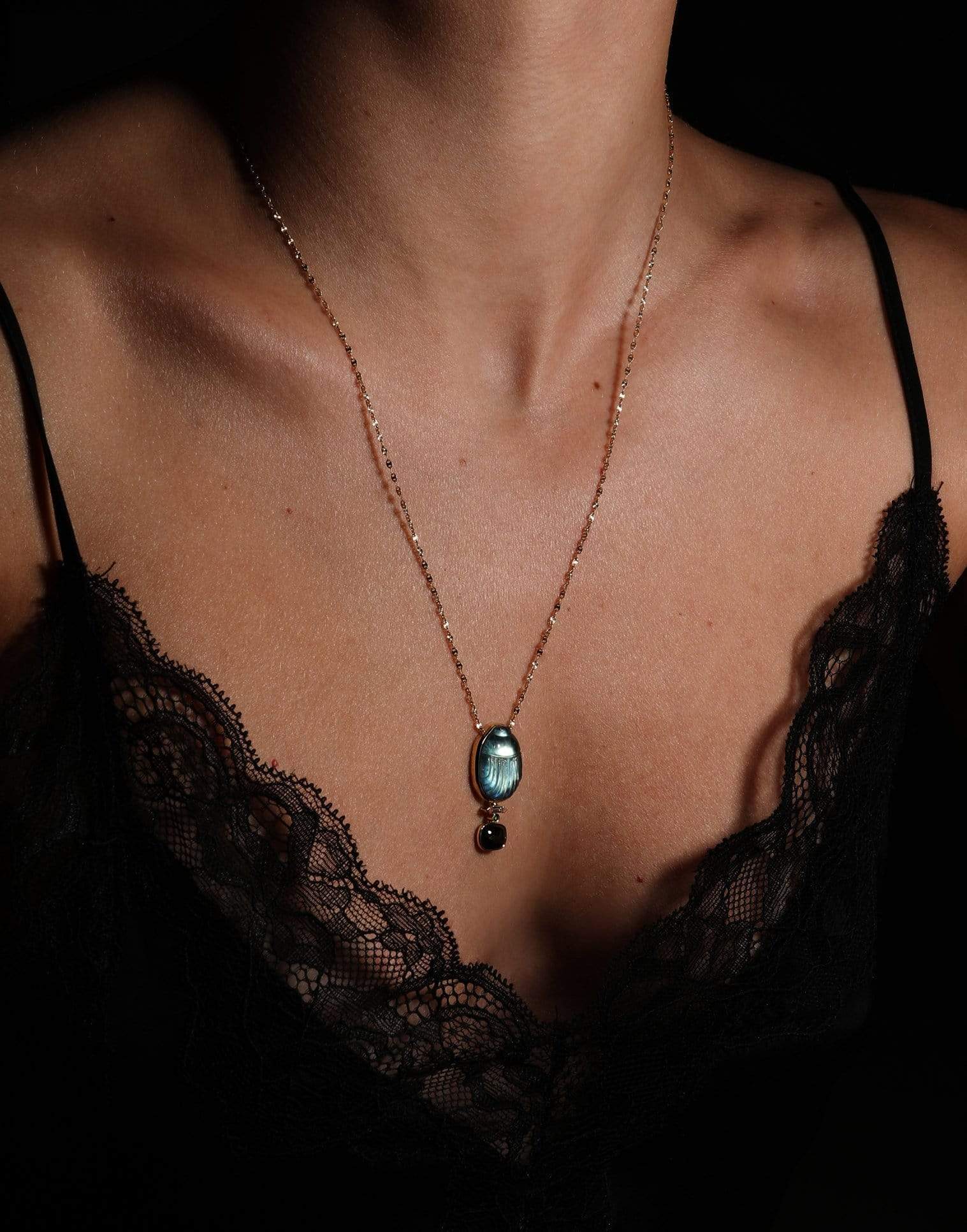 LITO-Luna Green Tourmaline and Labradorite Scarab Necklace-YELLOW GOLD