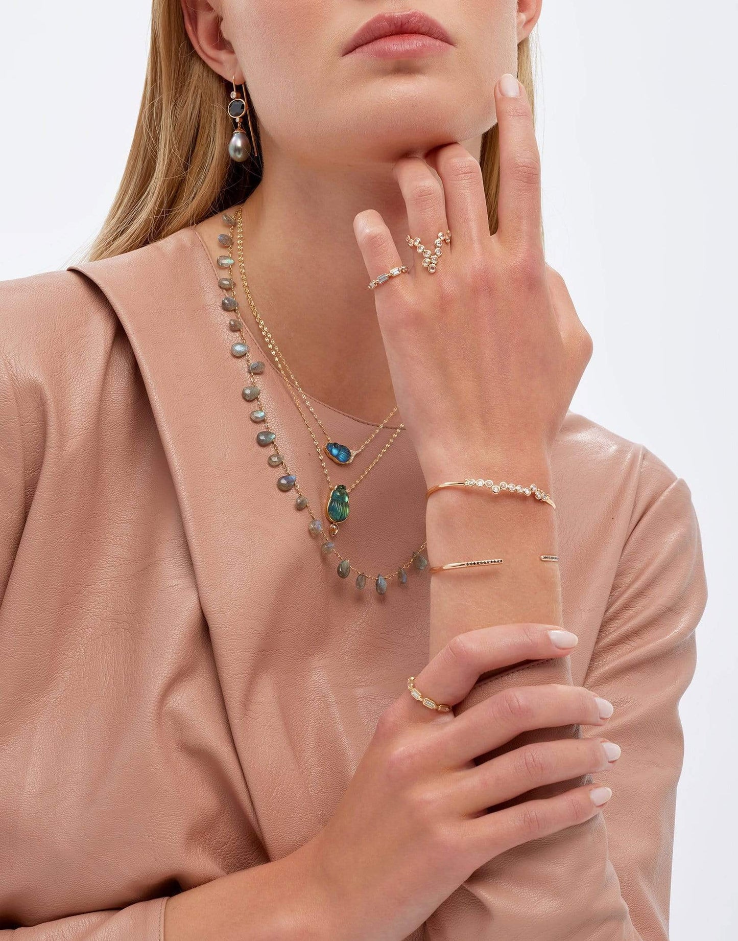 LITO-Small Sienna Blue Chalcedony and Diamond Scarab Necklace-YELLOW GOLD