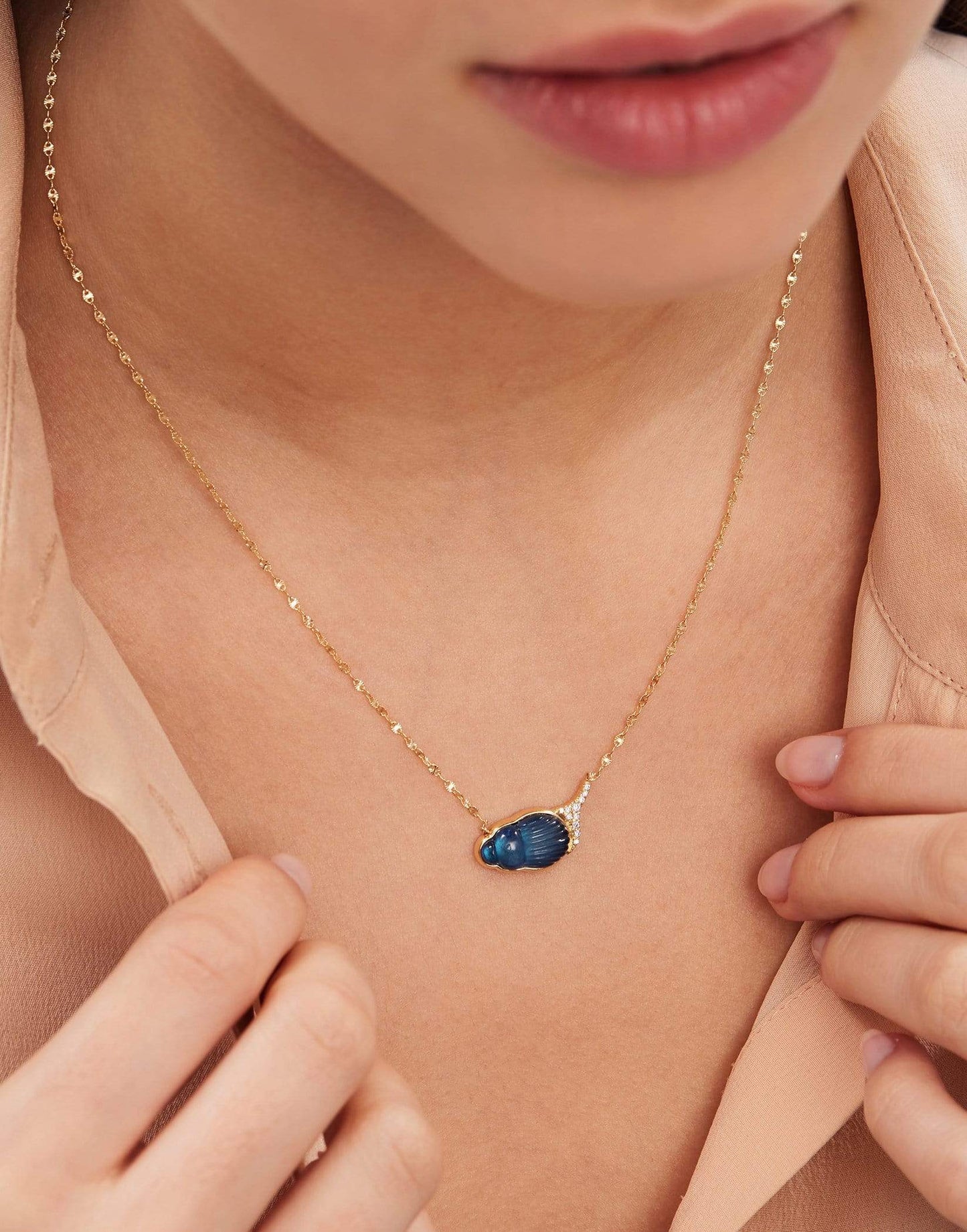 LITO-Small Sienna Blue Chalcedony and Diamond Scarab Necklace-YELLOW GOLD
