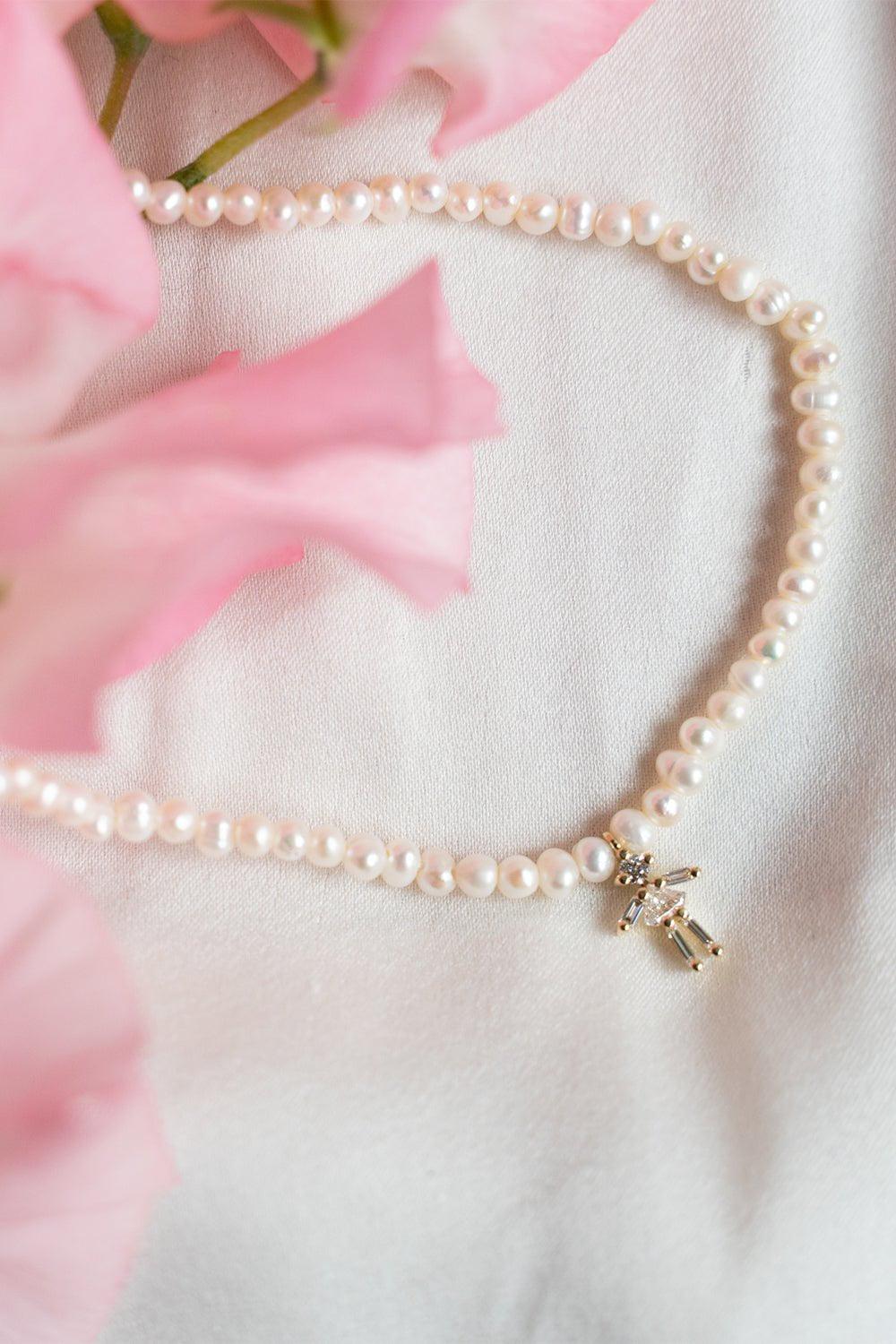 LITTLE ONES-Baguette Girl Pearl Necklace-ROSE GOLD