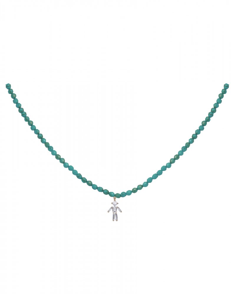 LITTLE ONES-Baguette Diamond Boy Turquoise Bead Necklace-YELLOW GOLD