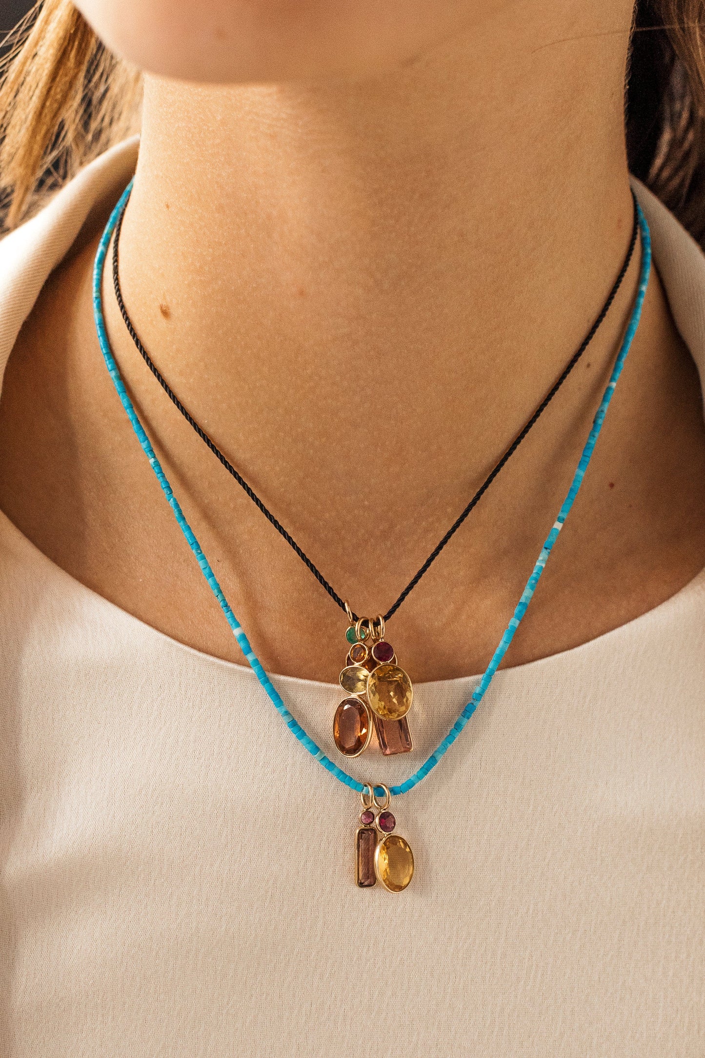 LIZZIE FORTUNATO FINE-Tiny Turquoise Bead Necklace - 16"-YELLOW GOLD