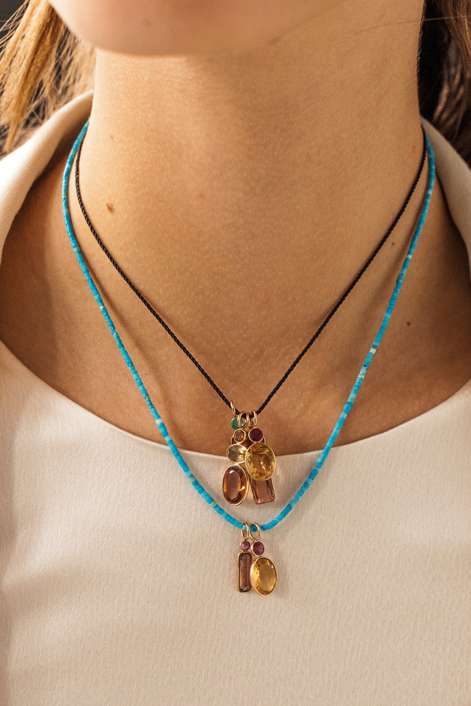 LIZZIE FORTUNATO FINE-Tiny Turquoise Bead Necklace - 16"-YELLOW GOLD
