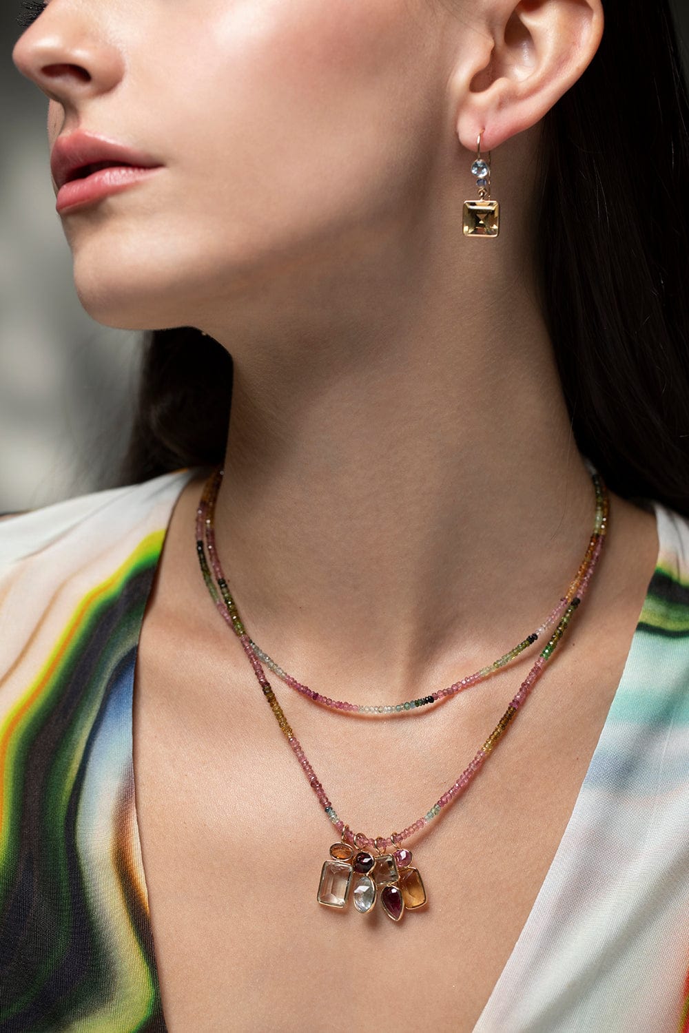 LIZZIE FORTUNATO FINE-Tourmaline and Aquamarine Necklace Charm-YELLOW GOLD