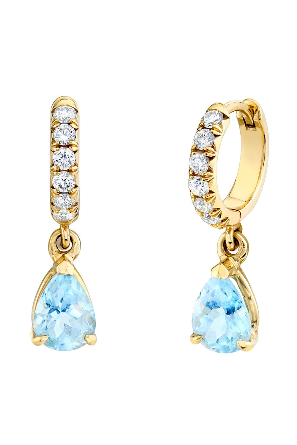 LOGAN HOLLOWELL-Aquamarine Water Drop French Pavé Goddess Hoop Earrings-YELLOW GOLD