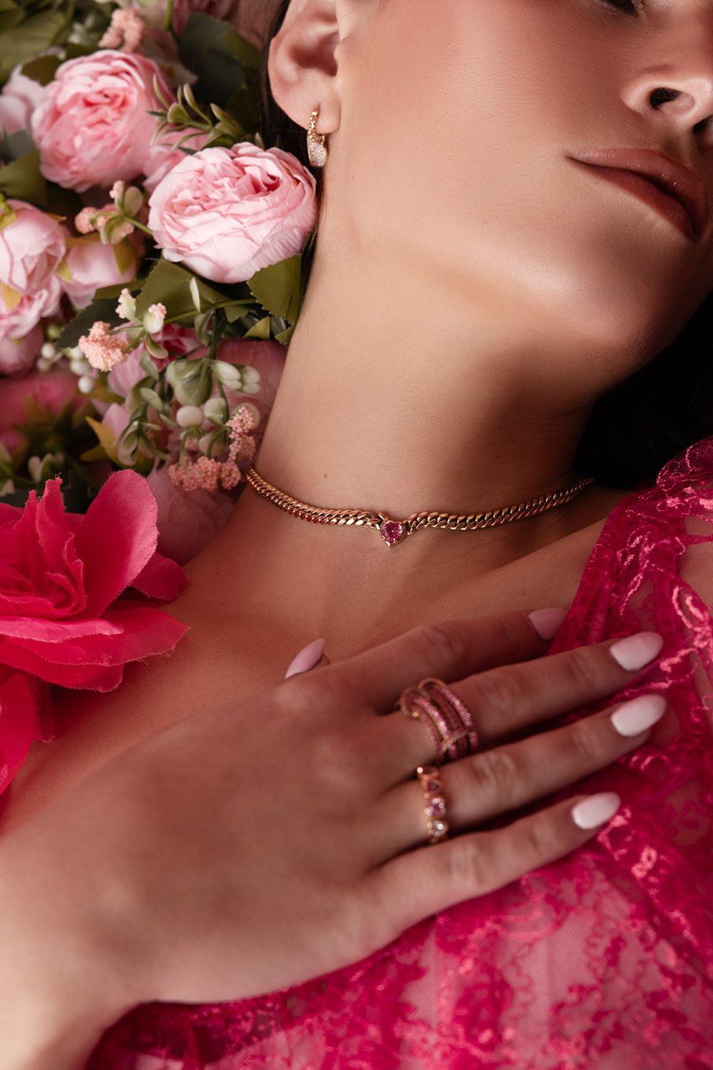 LOGAN HOLLOWELL-Pink Sapphire Cuban Chain Choker Necklace-YELLOW GOLD