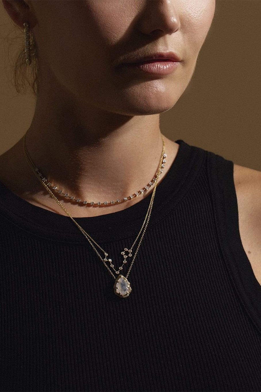 LOGAN HOLLOWELL-Queen Water Drop Moonstone Necklace with Sprinkled Diamonds-YELLOW GOLD