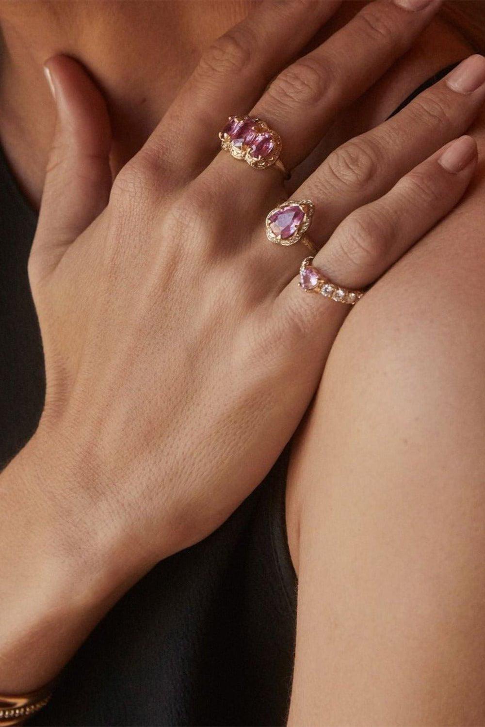 LOGAN HOLLOWELL-Baby Queen Full Pavé Halo Water Drop Pink Sapphire Ring-YELLOW GOLD