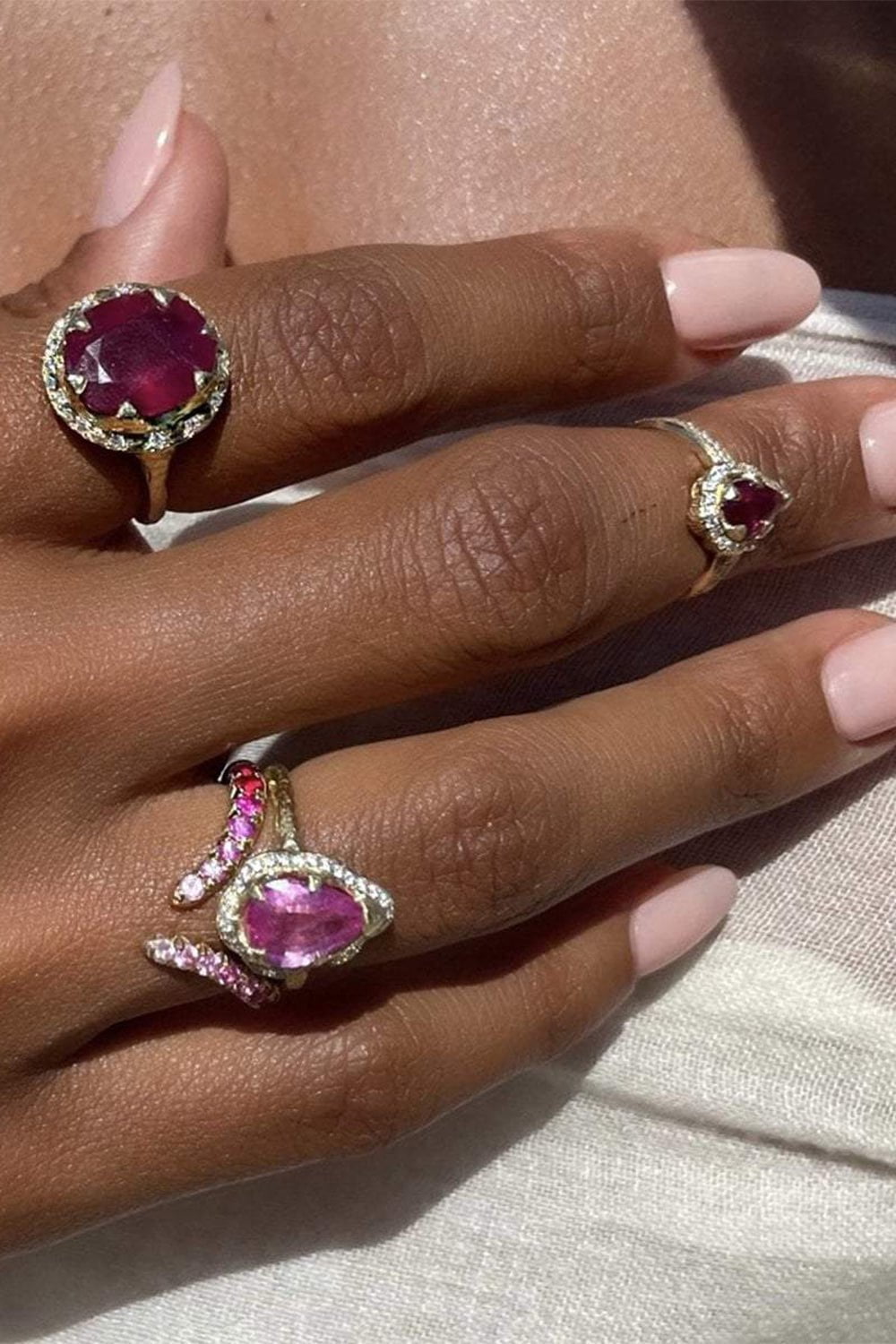 LOGAN HOLLOWELL-Baby Queen Full Pavé Halo Water Drop Pink Sapphire Ring-YELLOW GOLD