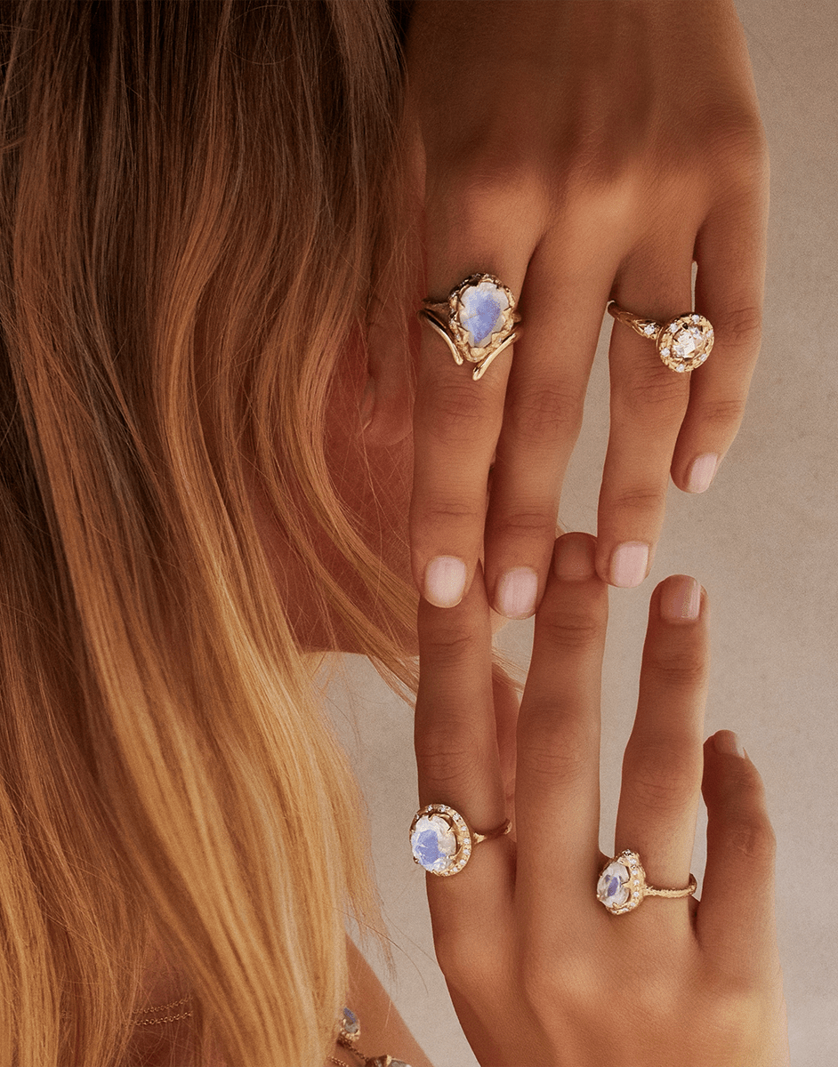 LOGAN HOLLOWELL-Queen Oval Moonstone Ring with Sprinkled Diamonds-YELLOW GOLD