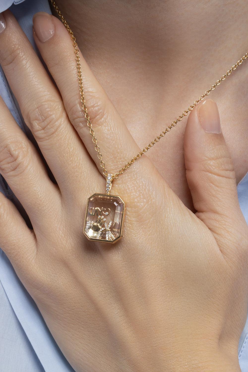 Diamond Baguette Locket Figaro Chain Necklace-YELLOW GOLD-22-JEWELRYFINE JEWELNECKLACE O-LOQUET