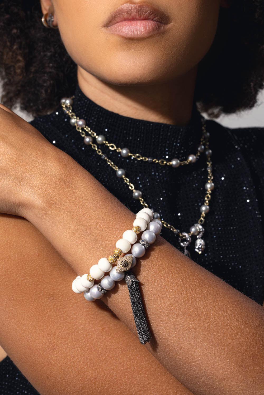 LOREE RODKIN-Round Pearl Tassel Bracelet-SILVER