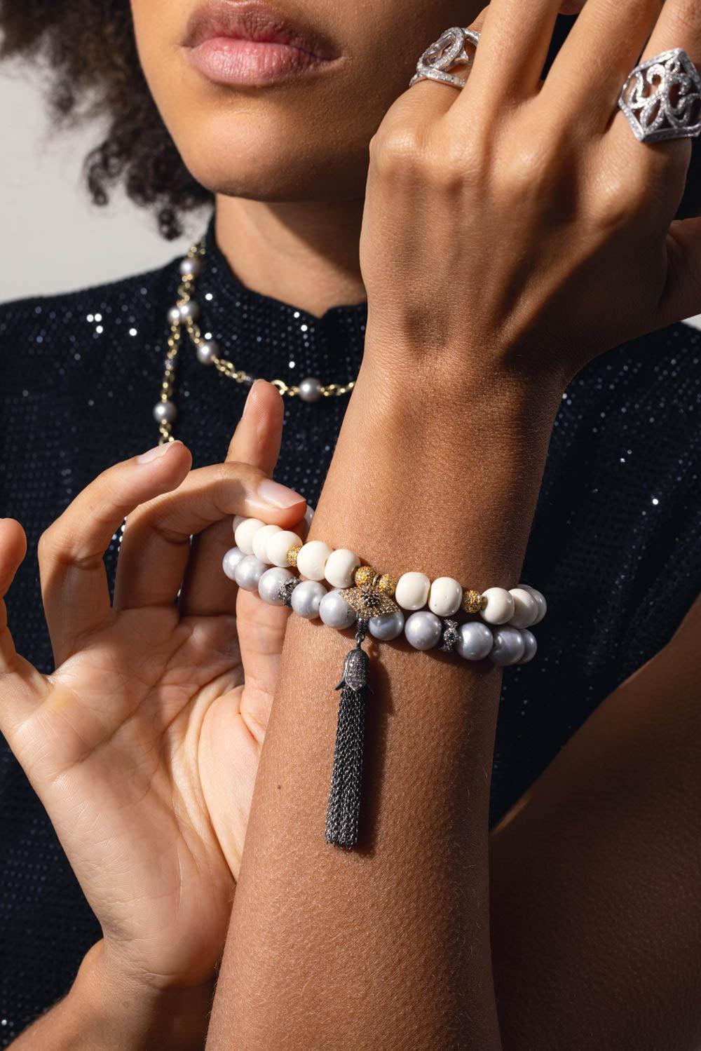 LOREE RODKIN-Round Pearl Tassel Bracelet-SILVER