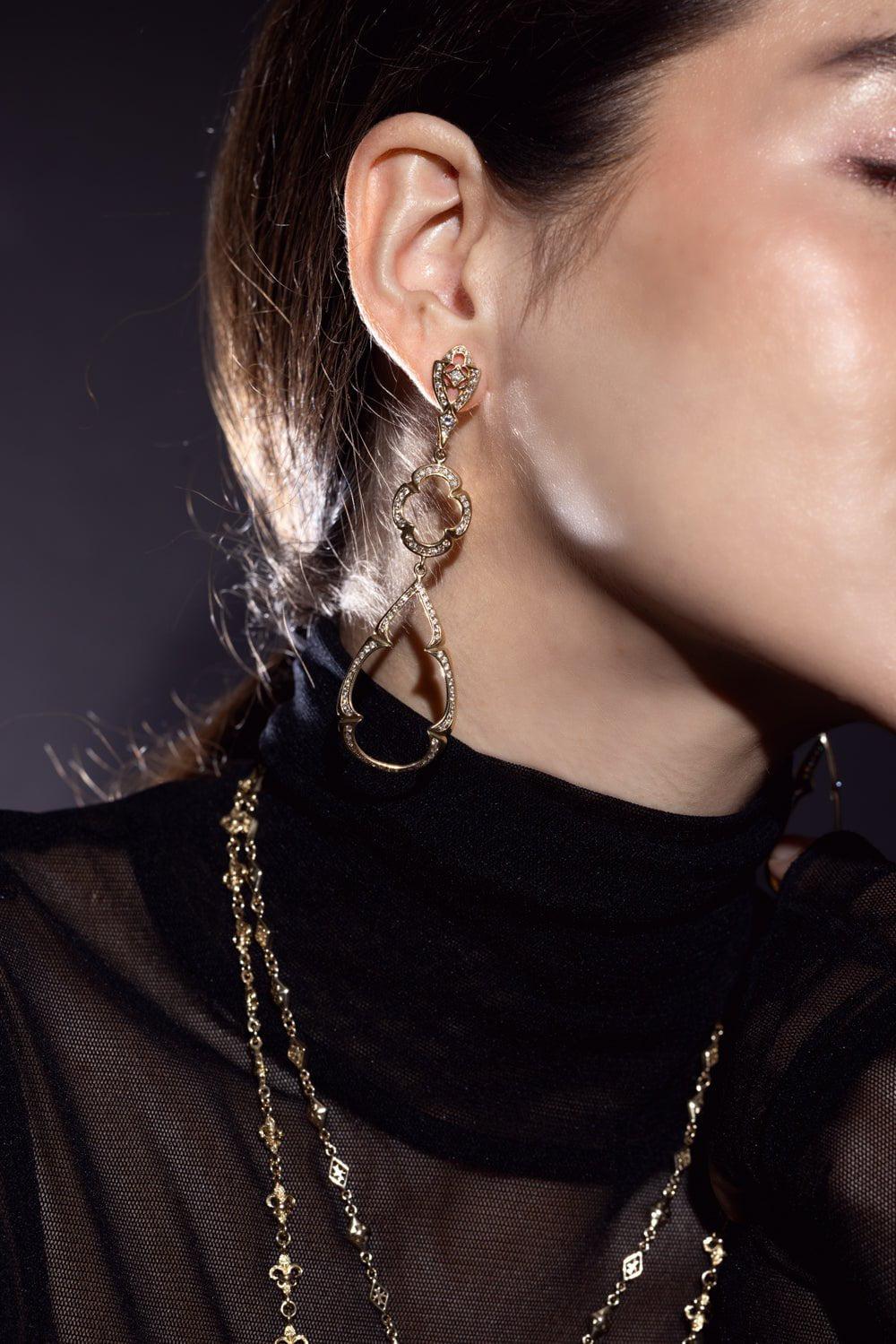 LOREE RODKIN-Double Quatrefoil Drop Earrings-YELLOW GOLD