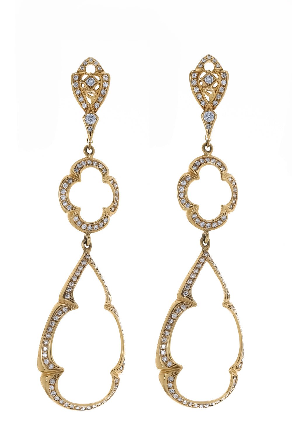 LOREE RODKIN-Double Quatrefoil Drop Earrings-YELLOW GOLD