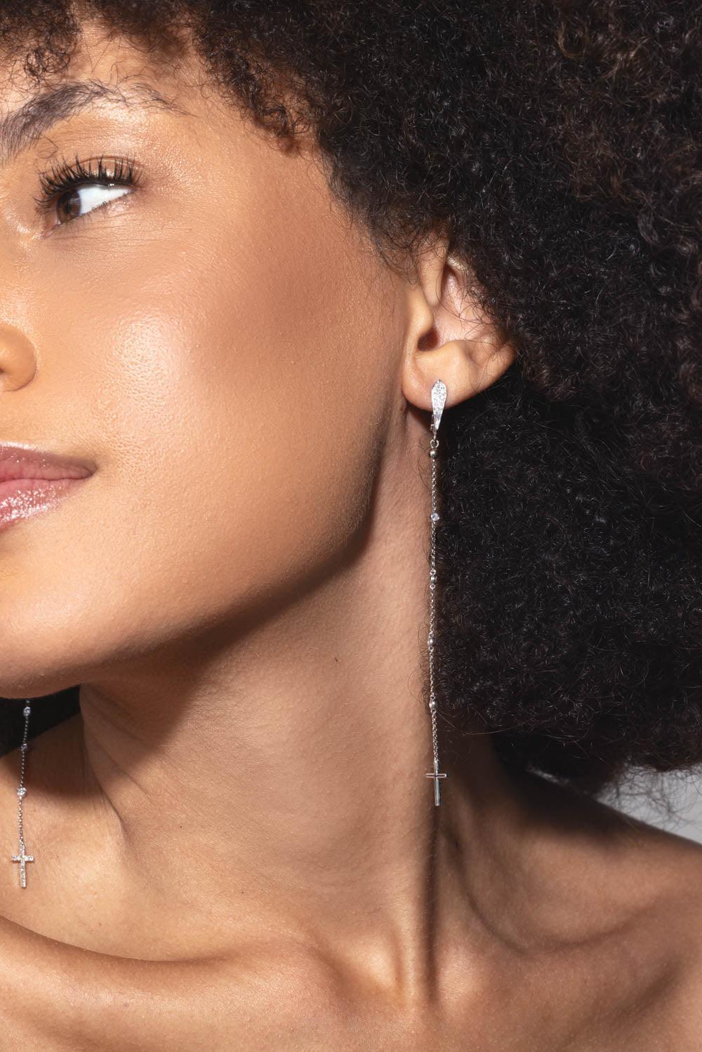 LOREE RODKIN-Diamond Long Drop Cross Earrings-WHITE GOLD