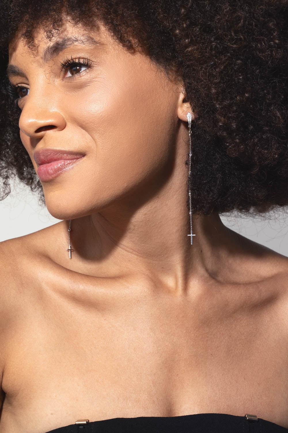 LOREE RODKIN-Diamond Long Drop Cross Earrings-WHITE GOLD