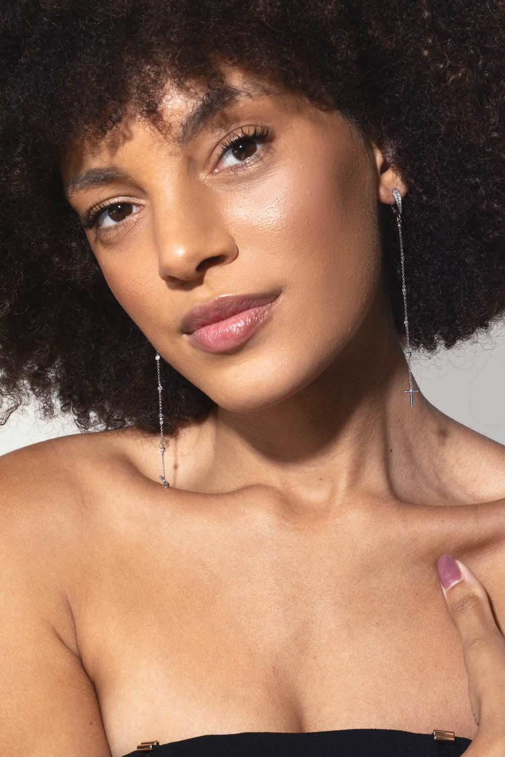 LOREE RODKIN-Diamond Long Drop Cross Earrings-WHITE GOLD