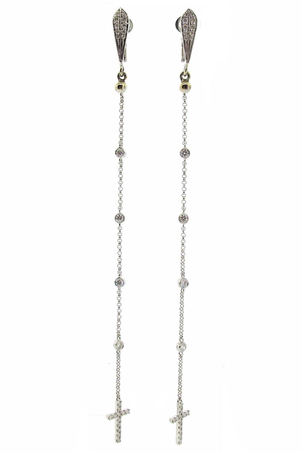LOREE RODKIN-Diamond Long Drop Cross Earrings-WHITE GOLD