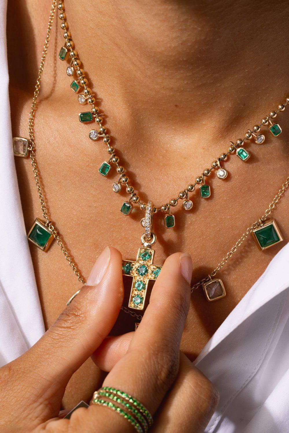 LOREE RODKIN-Emerald Diamond Bezel Charm Necklace-YELLOW GOLD