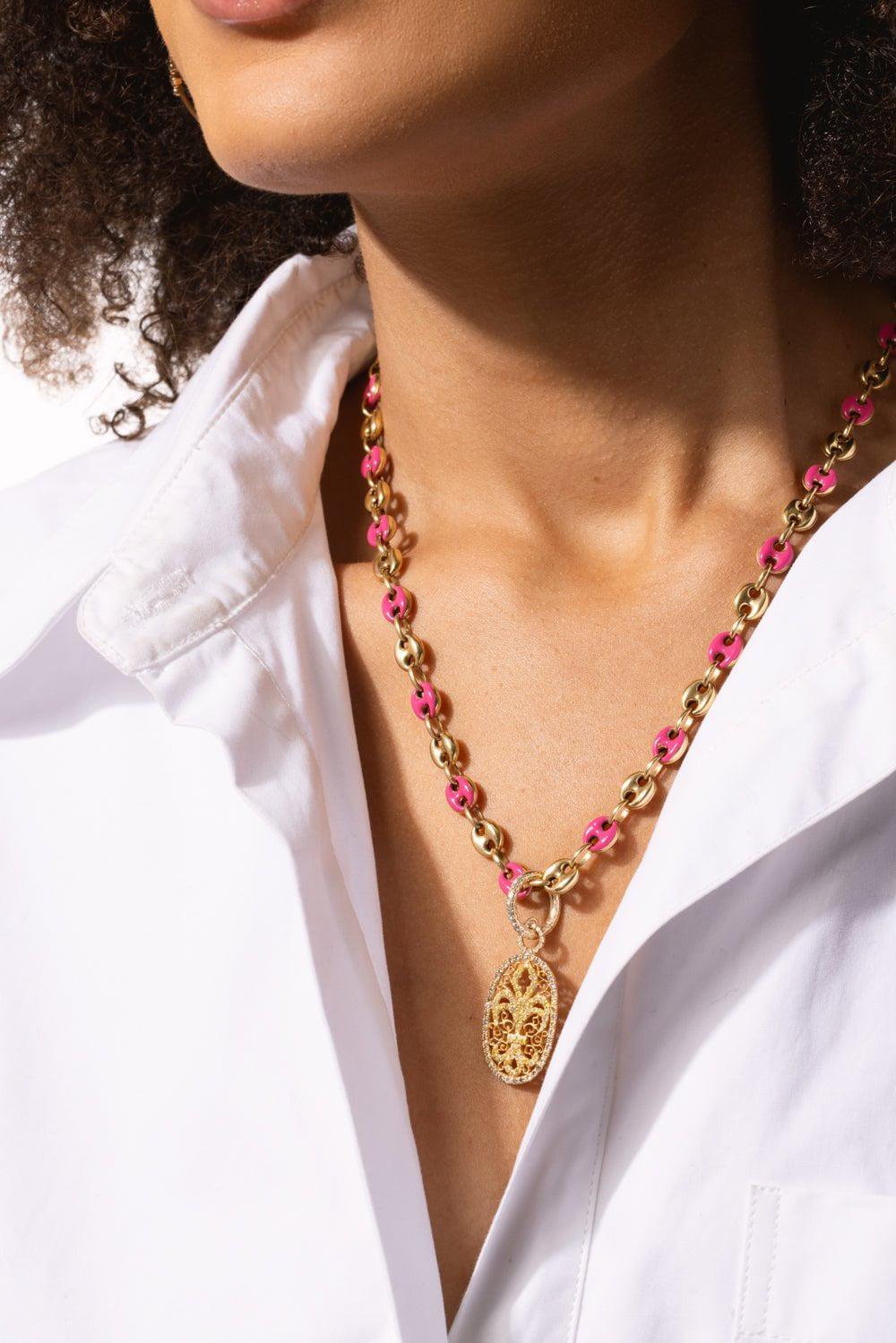 LOREE RODKIN-Small Pink Enamel Hollow Mariner Link Chain-YELLOW GOLD