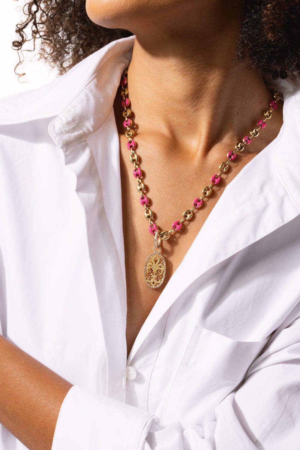 LOREE RODKIN-Small Pink Enamel Hollow Mariner Link Chain-YELLOW GOLD