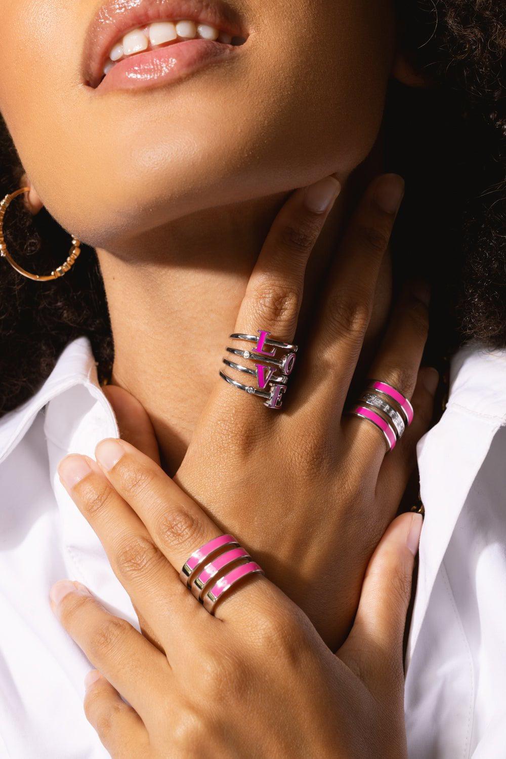 LOREE RODKIN-Pink Enamel Diamond Love Ring-WHITE GOLD