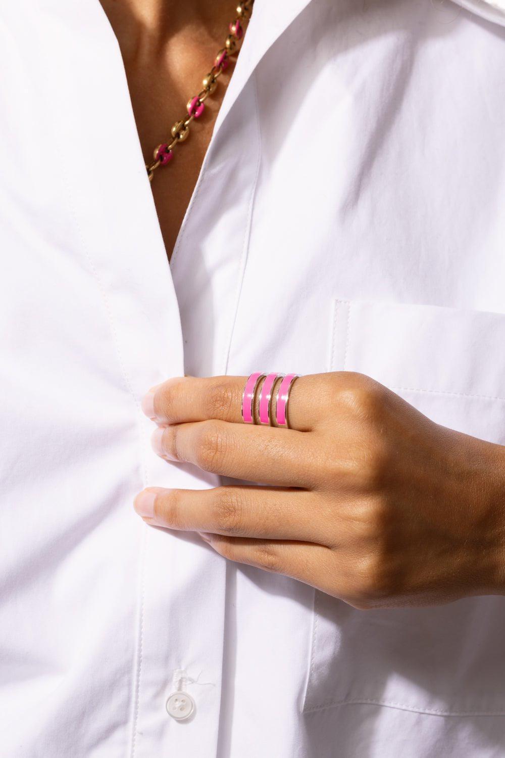 LOREE RODKIN-Pink Enamel Triple Band Ring-WHITE GOLD