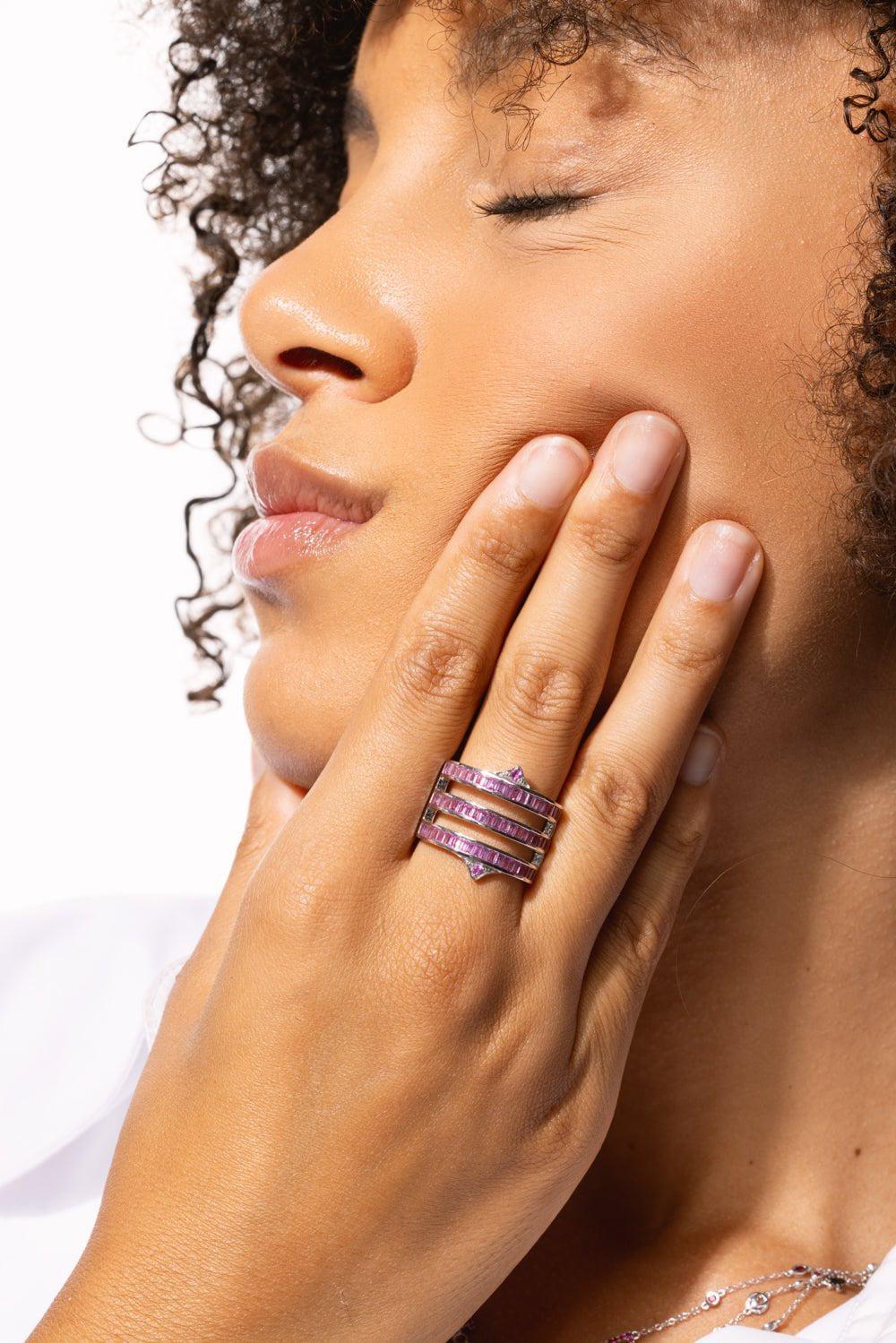 LOREE RODKIN-Triple Pink Sapphire Gothic Point Band Ring-WHITE GOLD