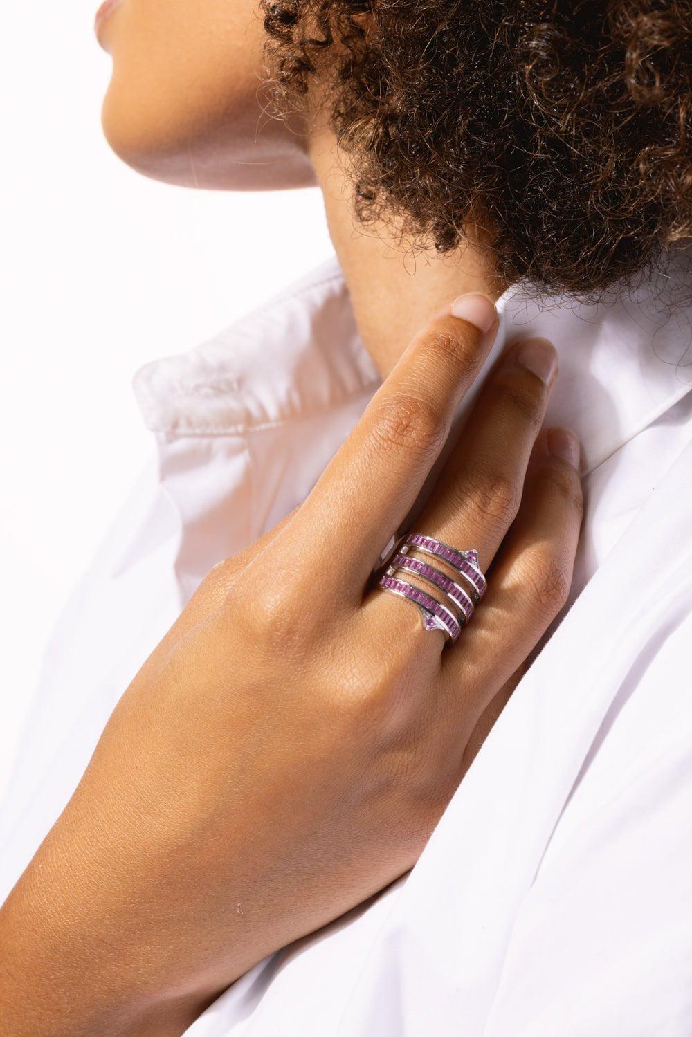 LOREE RODKIN-Triple Pink Sapphire Gothic Point Band Ring-WHITE GOLD