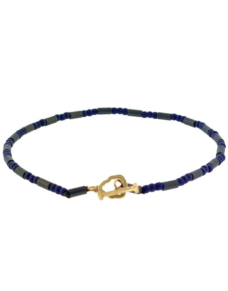 LUIS MORAIS-Hematite and Navy Mix Bead Bracelet-YELLOW GOLD