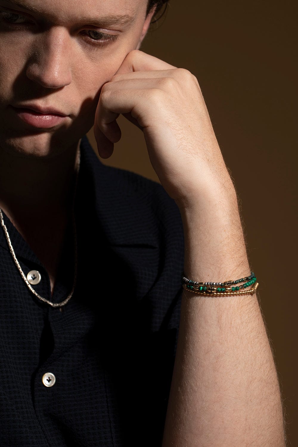 LUIS MORAIS-Black Diamond Malachite Bead Bracelet-YELLOW GOLD