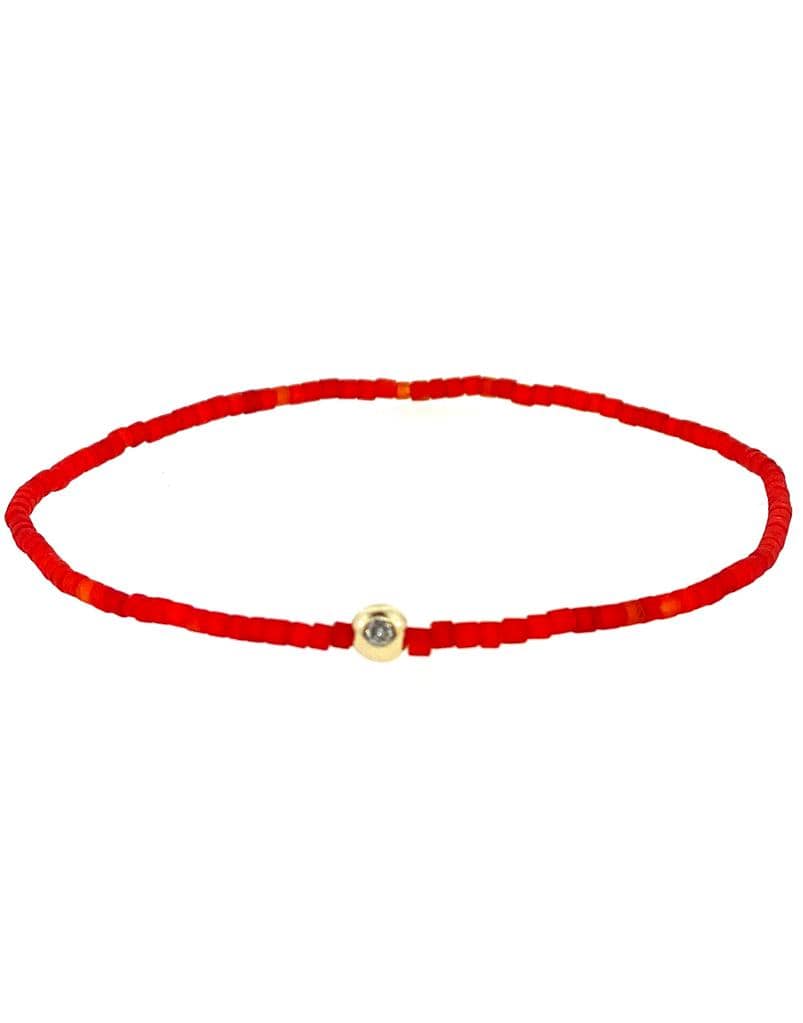 LUIS MORAIS-Diamond On Red Glass Bead Bracelet-YELLOW GOLD