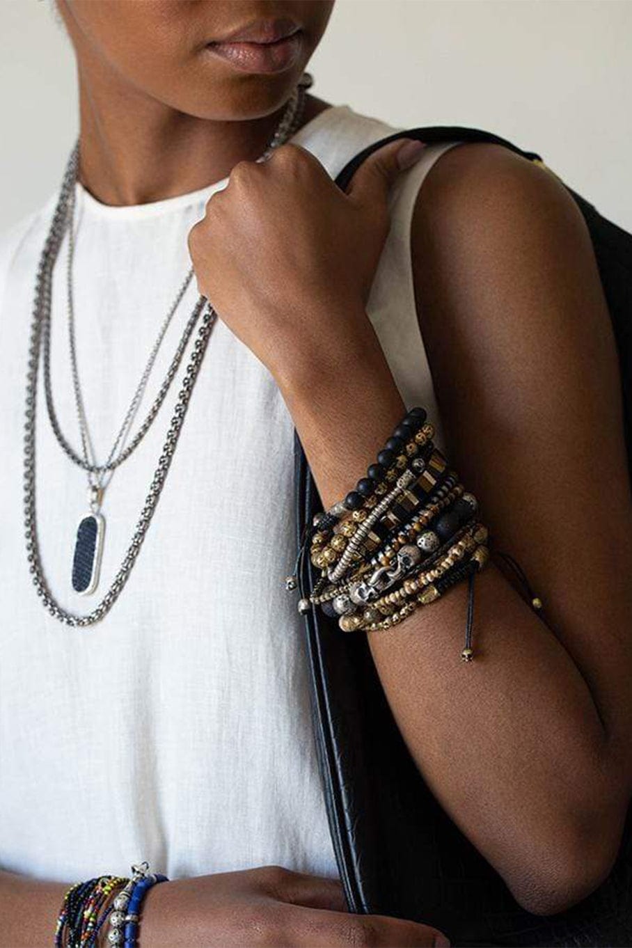 LUIS MORAIS-Tigers Eye and Onyx Bead Bracelet-YELLOW GOLD