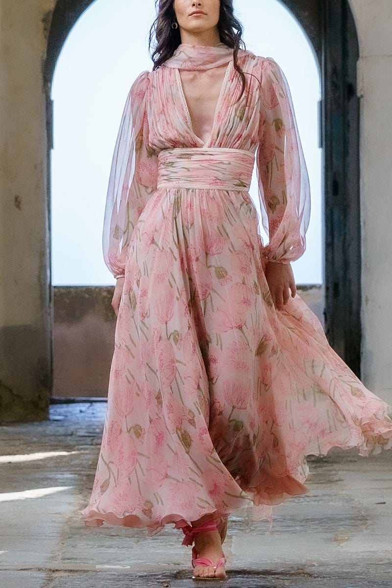 LUISA BECCARIA-Big Poppies Chiffon Dress-