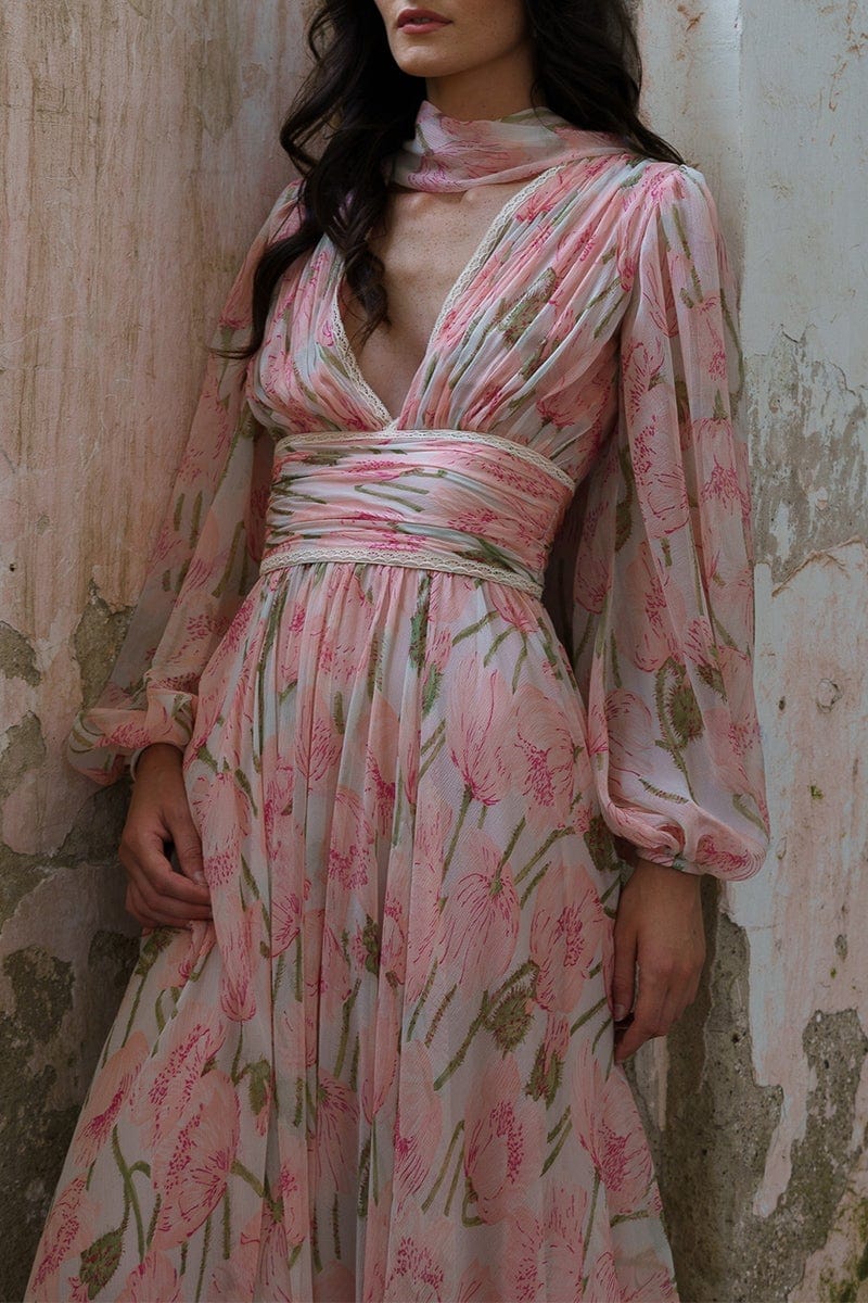 LUISA BECCARIA-Big Poppies Chiffon Dress-