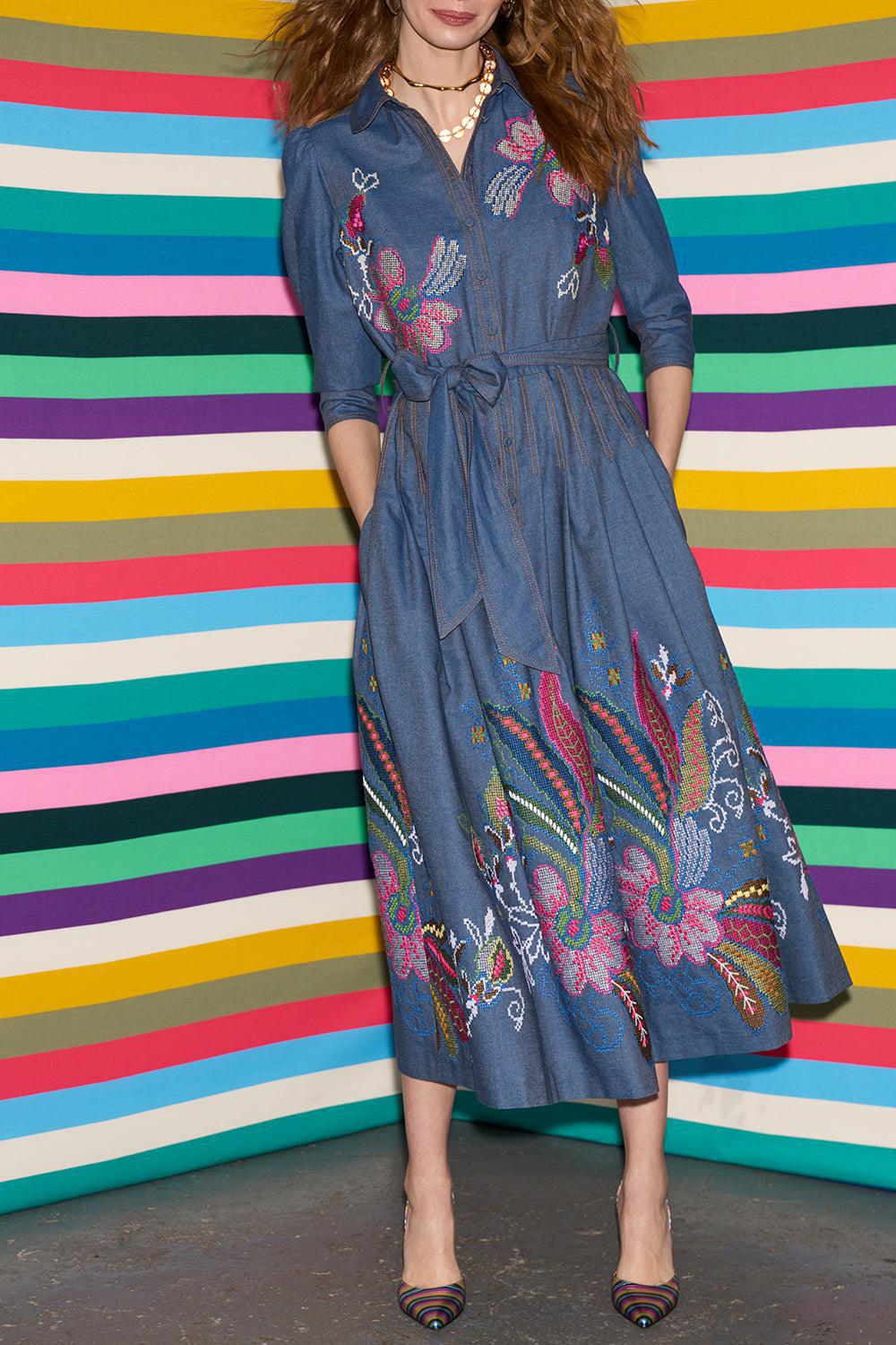 Belted Embroidered Dress-DENIM-36-CLOTHINGDRESSCASUAL-MAISON COMMON