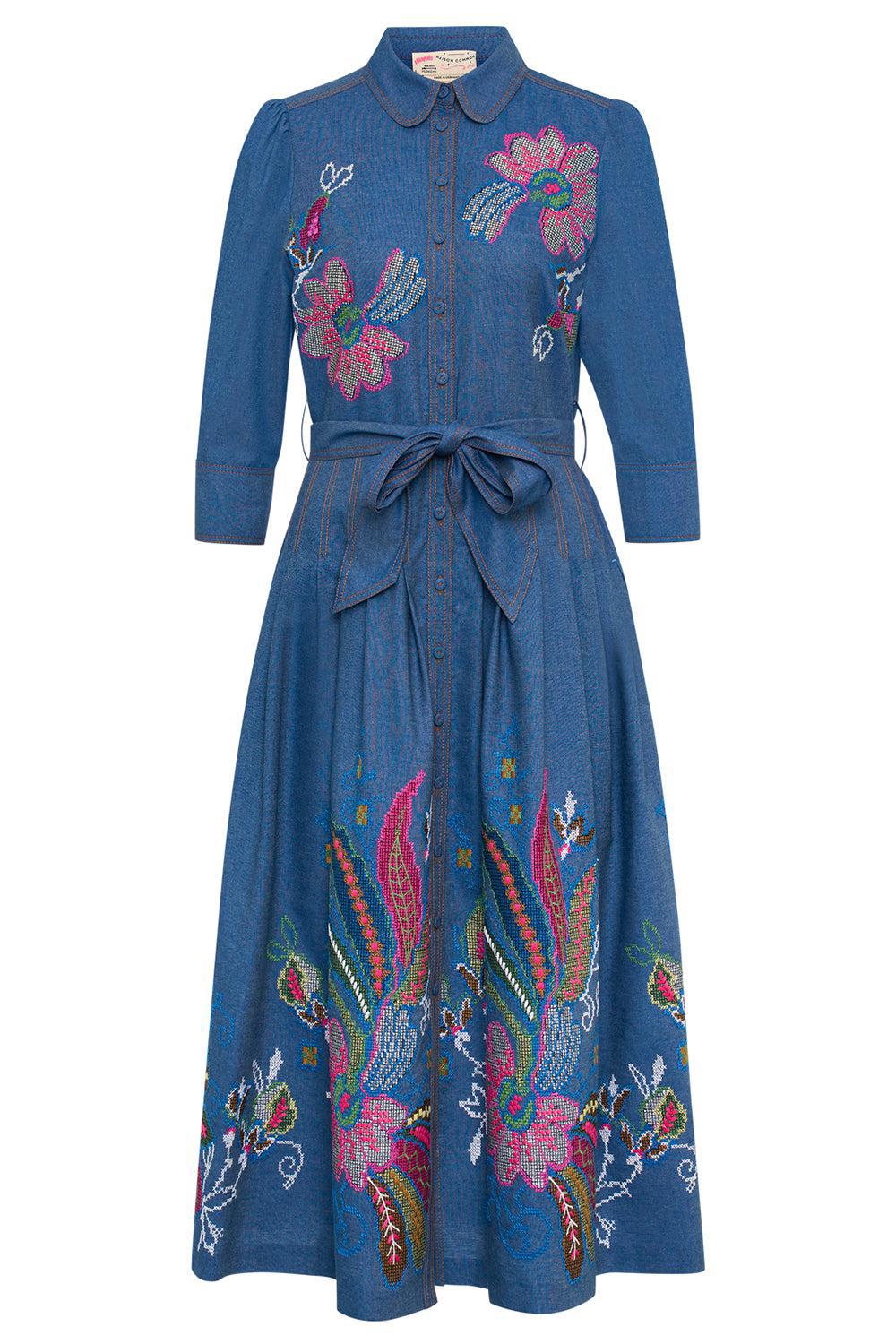 Belted Embroidered Dress-DENIM-36-CLOTHINGDRESSCASUAL-MAISON COMMON