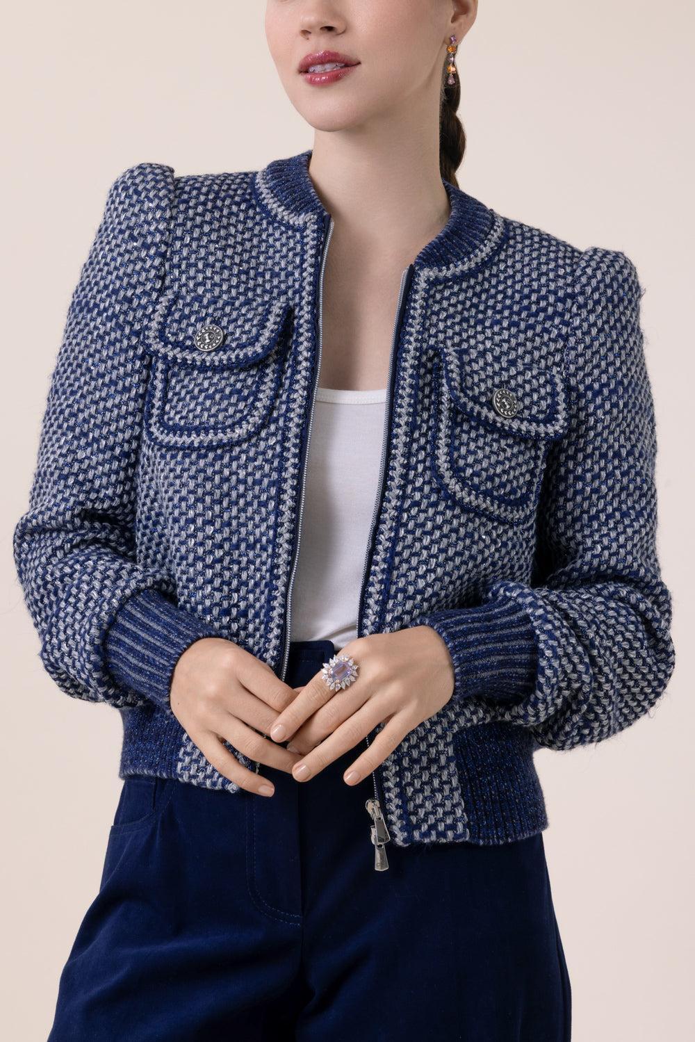 Tweed Bomber Jacket-BLUE-32-CLOTHINGJACKETCASUAL-MAISON COMMON